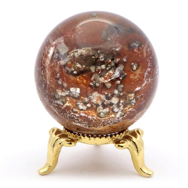 パイライト イン ガーデンクォーツ 丸玉 39mm 台座付き 庭園水晶 黄鉄鉱 天然石 Pyrite 1点もの