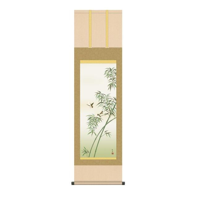 掛軸 日本画 床の間 送料無料 掛け軸  現代作家 花鳥画 季節飾り 年中掛け 竹に雀(たけにすずめ) 高精彩複製画の通販は 9,636円