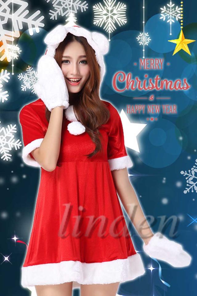 [linden] サンタ服 クリスマス レディース サンタクロース 耳付き かわいい ワンピース Christmas コスチューム 仮装 女性用 ふかふか
