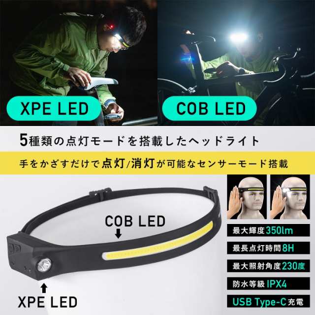 65%OFF!】 広角COB 防水 USB充電式 ヘッドライト XPE COB LED