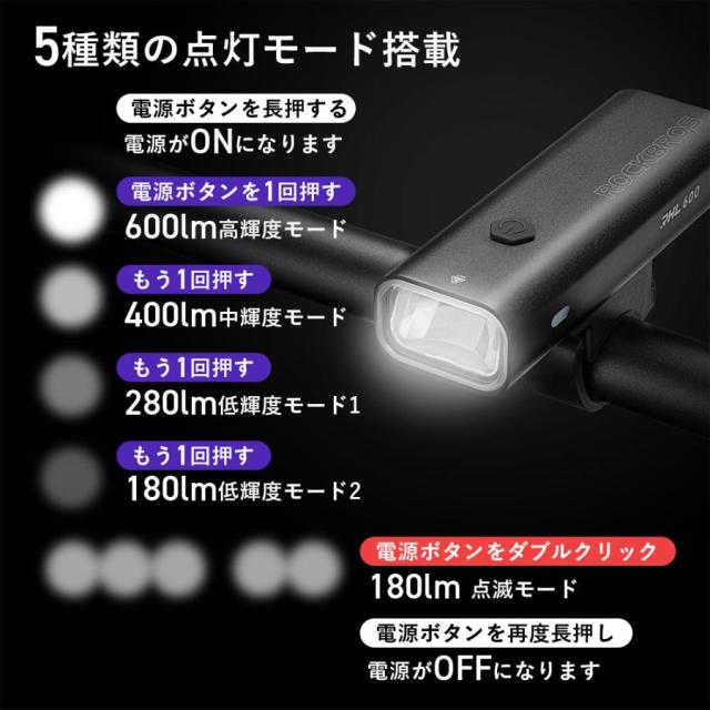 ヘッドライト フロントライト LED 自転車 最大600lm 自動省電力機能