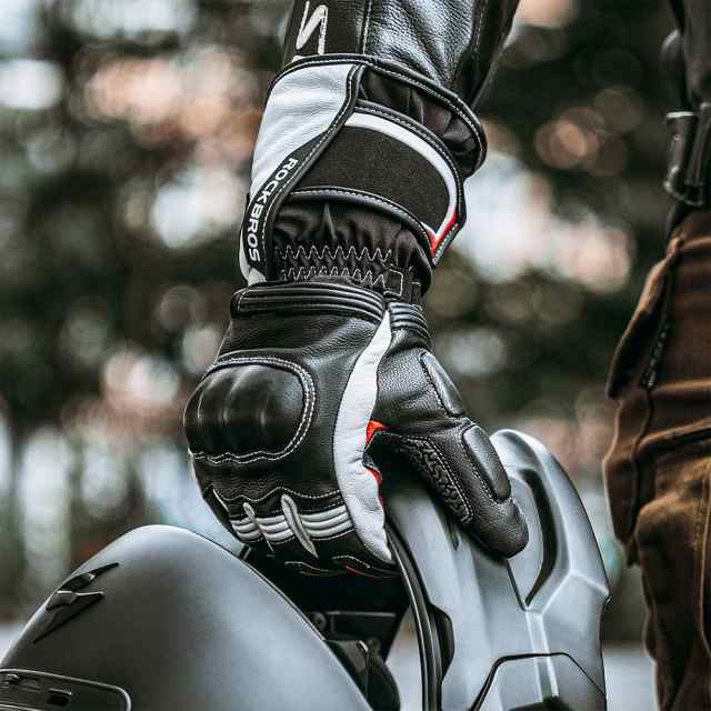 バイク グローブ 手袋 レザー 本革 山羊革 ナックルガード プロテクター レーシング フリース 保温 スマホ対応 SBRパッド 衝撃吸収 ロックブロス ROCKBROSの通販は