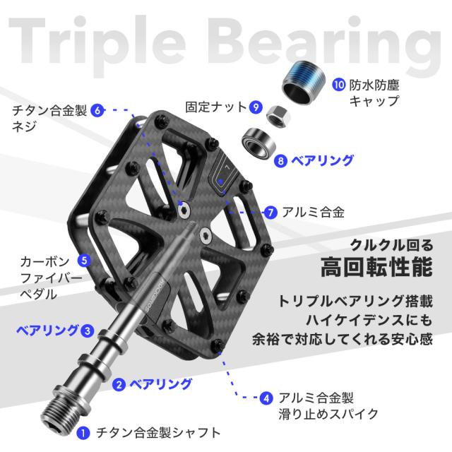 自転車 ペダル フラットペダル 軽量 トリプルベアリング 幅広 カーボン T700 約253g 防水 防錆 防塵 高耐久 スパイク付 滑りにくい グリップ クロスバイク マウンテンバイク MTB 通気通学 街乗り かっこいい おしゃれ ロックブロス ROCKBROS_3