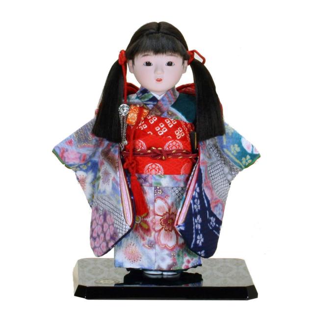 伝統的 市松人形 赤色 花飾り（市松人形 8号 松寿作 髪飾り(椿