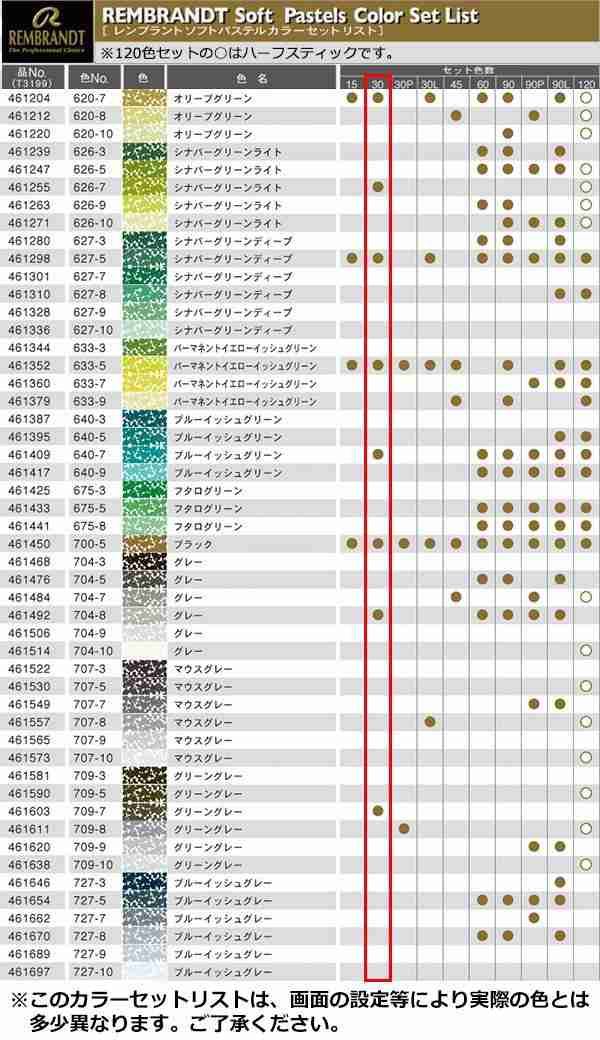 REMBRANDT レンブラント ソフトパステル ハーフ 30色セット T300C30.5