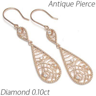 フックピアス ゴールド 18k ダイヤモンド アンティーク 透カシ 揺レル ドロップ18金の通販は