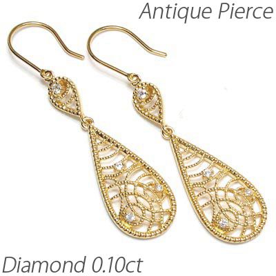 フックピアス ゴールド 18k ダイヤモンド アンティーク 透カシ 揺レル ドロップ18金の通販は