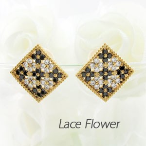 ブラックダイヤモンド ピアス ゴールド 18k パヴェ フラワー アンティーク ミル 18金の通販は
