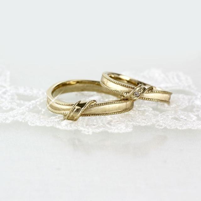 ペアリング イエローゴールド 18k ダイヤモンド 指輪 結婚指輪 マリッジリング リボン ミル