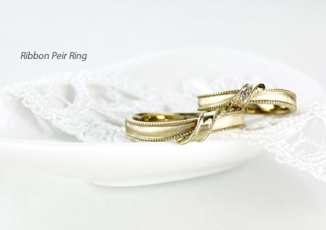 ペアリング イエローゴールド 18k ダイヤモンド 指輪 結婚指輪 マリッジリング リボン ミル