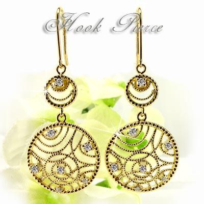 アンティーク調 ダイヤモンド フックピアス 透かし模様 K18イエロー  