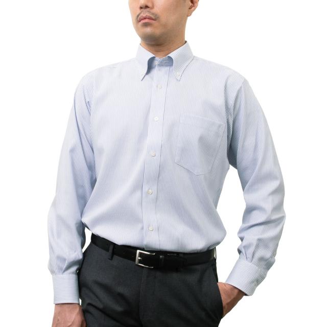 日清紡アポロコット 長袖 ワイシャツ メンズ 形態安定加工 ブルー ストライプ ボタンダウン |綿1【CFD115-460】