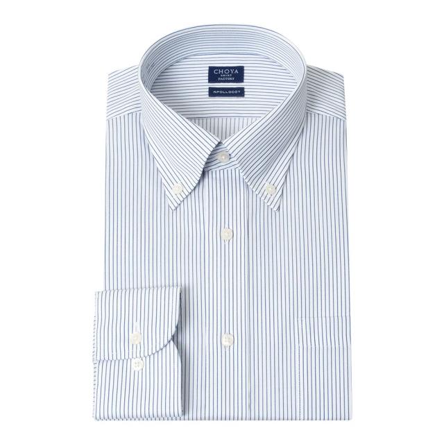 日清紡アポロコット 長袖 ワイシャツ メンズ 綿100％ 形態安定加工 紺 ネイビー ストライプ ボ【CFD864-455】の通販は