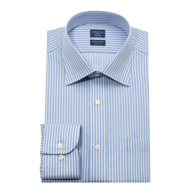 日清紡アポロコット スリムフィット 長袖 ワイシャツ スリムフィット メンズ 形態安定加工 ブルー 【CFD977-450】