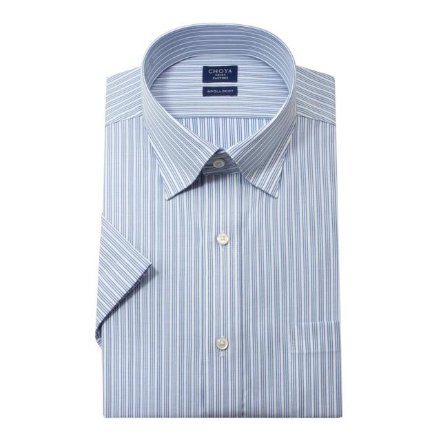 日清紡アポロコット 半袖 ワイシャツ メンズ 夏 形態安定加工 青 ブルー ストライプ スナップダウ【CFN615-450】