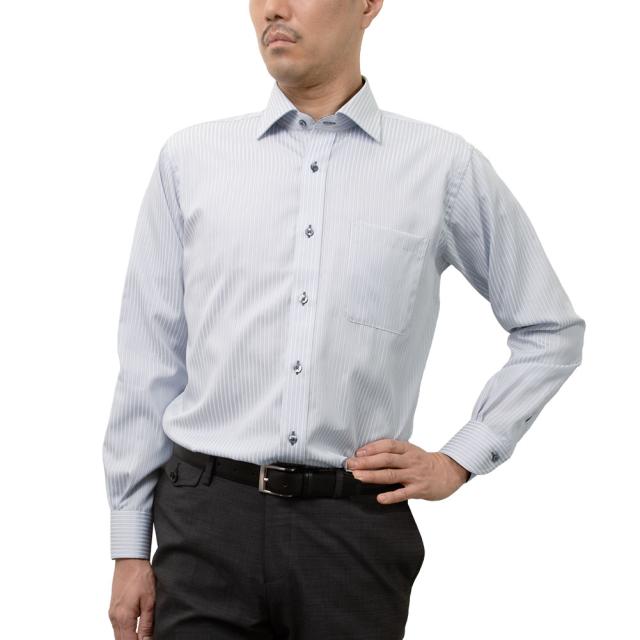 長袖 ワイシャツ メンズ 綿100％ 形態安定加工 ブルー ストライプ ワイド CHOYA CONT【CLD106-480】