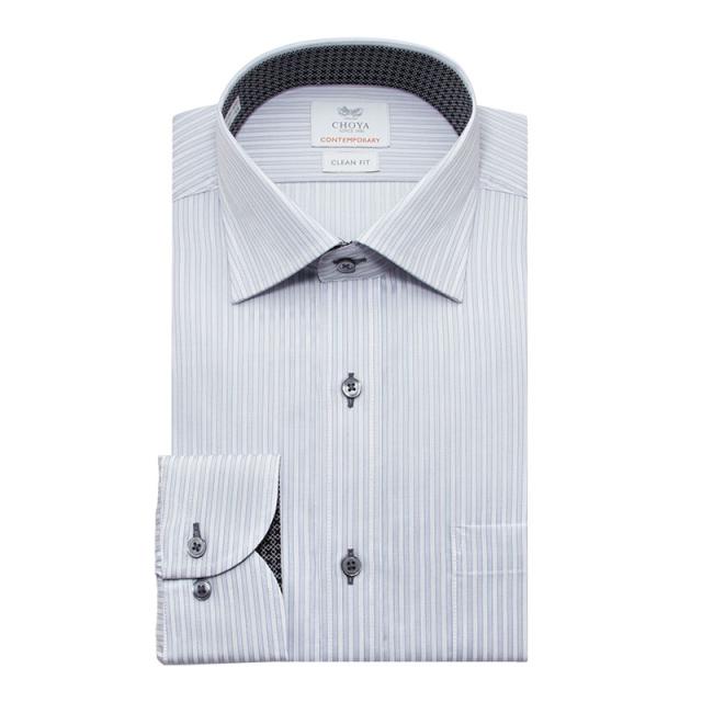 長袖 ワイシャツ メンズ 綿100％ 形態安定加工 ブルー ストライプ ワイド CHOYA CONT【CLD106-480】_5