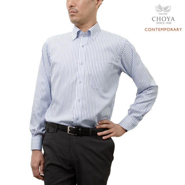 長袖 ワイシャツ メンズ 綿100％ 形態安定加工 パープル ストライプ スナップダウン CHOYA【CLD108-460】_1