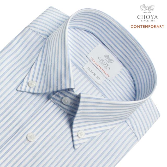 長袖 ワイシャツ メンズ 綿100％ 形態安定加工 青 ブルー ストライプ ボタンダウンカラー CH【CLD300-450】_1