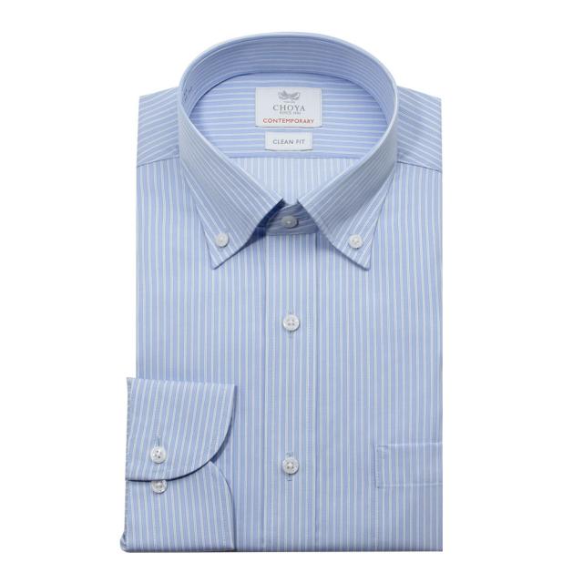 長袖 ワイシャツ メンズ 綿100％ 形態安定加工 ブルー ストライプ ボタンダウンカラー CHOY【CLD900-450】