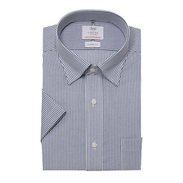 半袖シャツ ワイシャツ メンズ 綿100％ 形態安定加工 ネイビー ストライプ スナップダウン CH【CLN407-455】