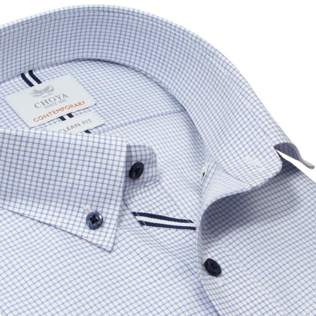 半袖シャツ ワイシャツ メンズ 綿100％ 形態安定加工 ブルー 格子柄 チェックドビー ボタンダウン CHOYA CONTEMPORARY【CLN606-655】 半袖シャツ ワイシャツ メンズ 綿100％ 形態安定加工 ブルー 格子柄