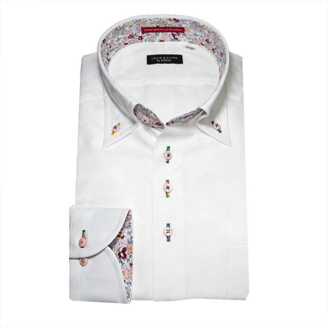 国産 長袖 綿100% ドレスシャツ レギュラーフィット ボタンダウン ホワイト ジャガード織 迷彩【RLD592-900】