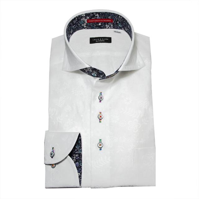 国産 長袖 綿100% ドレスシャツ レギュラーフィット カッタウェイ ホワイト ジャガード織 花柄【RLD593-901】