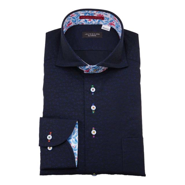 国産 長袖 綿100% ドレスシャツ レギュラーフィット カッタウェイ ネイビー ジャガード織 花柄【RLD594-255】