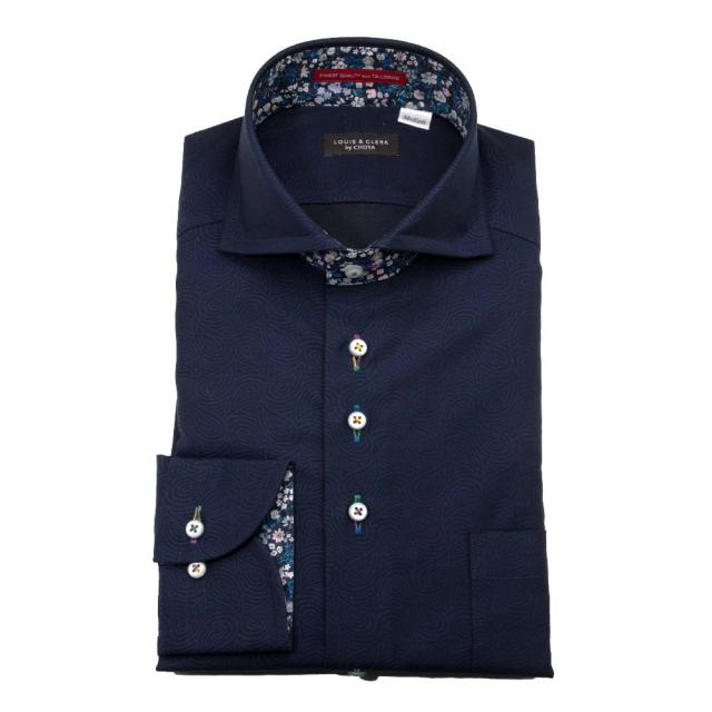 国産 長袖 綿100% ドレスシャツ レギュラーフィット カッタウェイ ネイビー ジャガード織 花柄【RLD595-255】