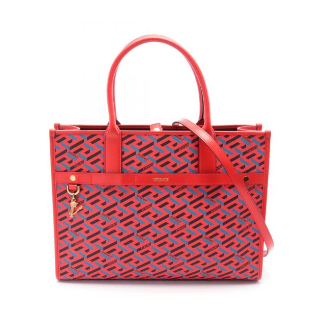 ヴェルサーチ VERSACE ラ グレカ トートバッグ バッグ PVCコーティングキャンバス レザー レディース レッド系 / ブラック系 / ブルー系 【中古】