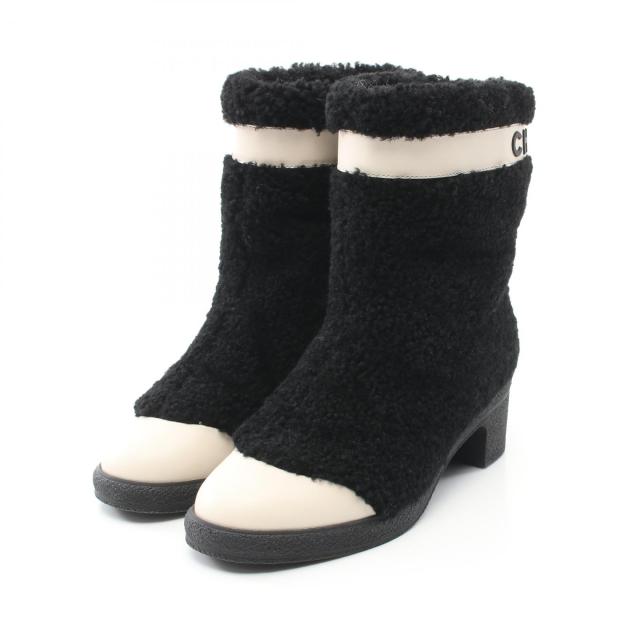 シャネル CHANEL ブーツ 靴 ムートン レザー レディース ブラック系