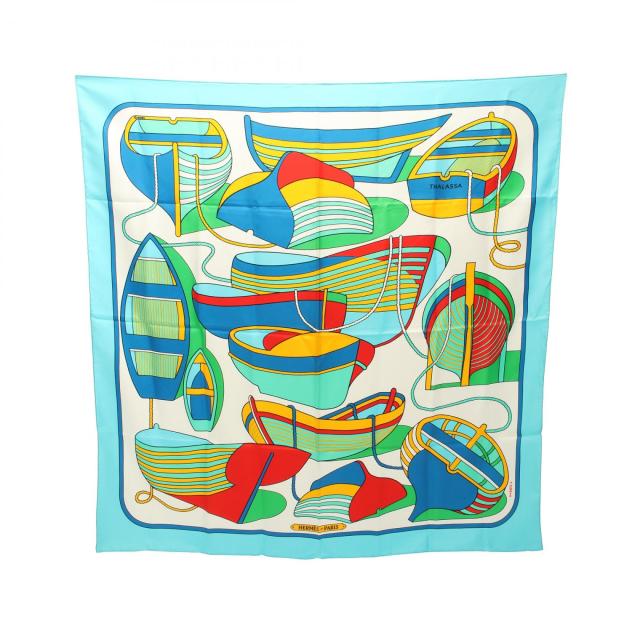 中古】HERMES(エルメス) カレ90 スカーフ THALASSA 白×レッド×マルチ  