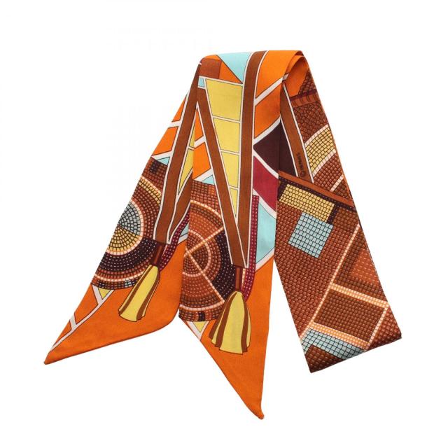 【美品】エルメス ツイリー 草原のインディアンアート　オレンジ　マルチカラー エルメス HERMES ツイリー L？art indien des plaines スカーフ 衣料品