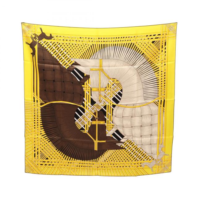 【天白】新品 HERMES エルメス スカーフ イエロー カレ90 花柄 小物 新品HERMES エルメスカレ 90 スカーフ イエロー タグ箱付き