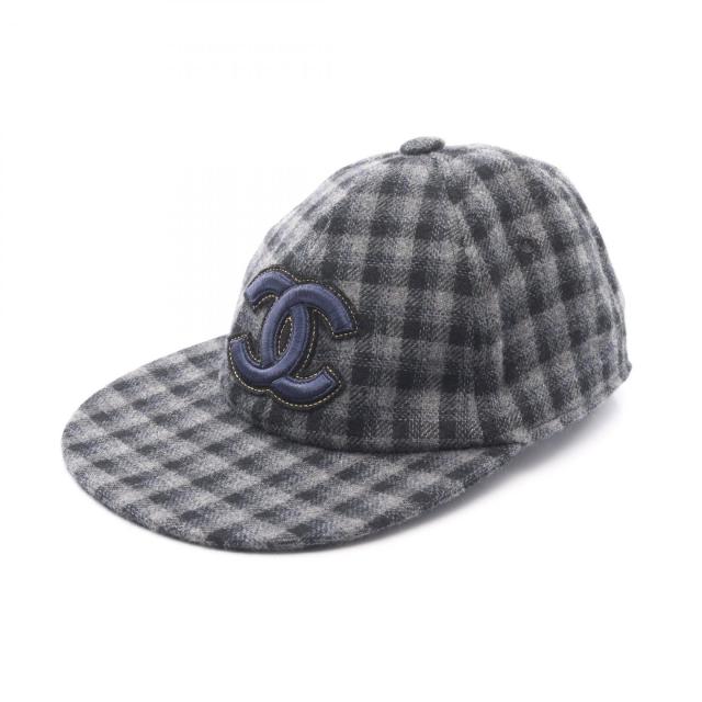 シャネル CHANEL ココマーク チェック キャップ 帽子 カシミヤ レディース ブラック系 / グレー系 【中古】