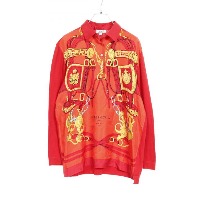 美品 HERMES シルク シャツ 長袖 総柄 BRIDES de GALA エルメス BRIDES de GALA シルク カシミヤ 切替 ニットシャツXL