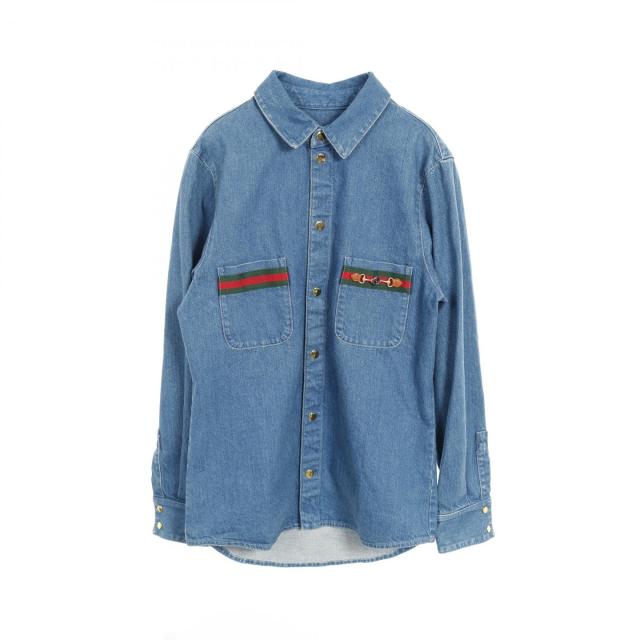 グッチ GUCCI WASHED ORGANIC DENIM SHIRT シェリーライン 衣料品 トップス コットン メンズ ブルー系 / グリーン系 / レッド系 626480 【中古】
