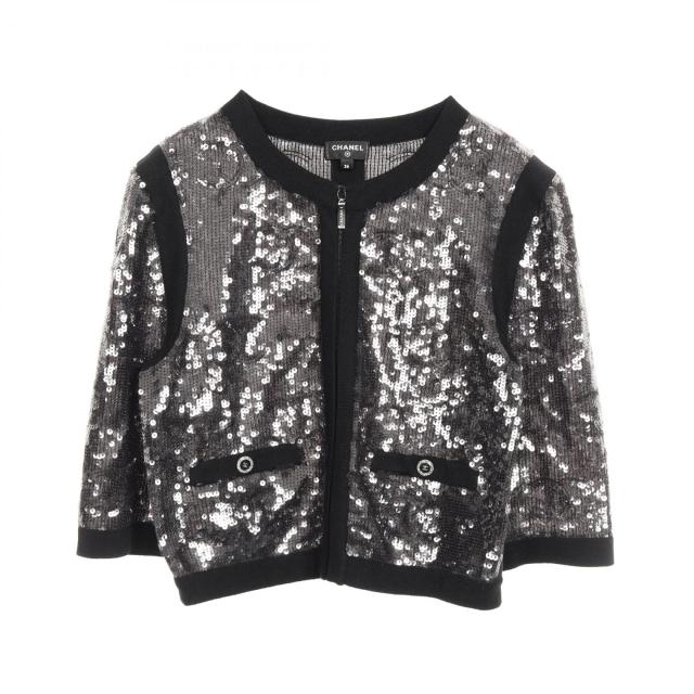 シャネル CHANEL ココマーク スパンコール ノーカラージャケット 衣料品 アウター ナイロン コットン レディース ブラック系 P72744 【中古】