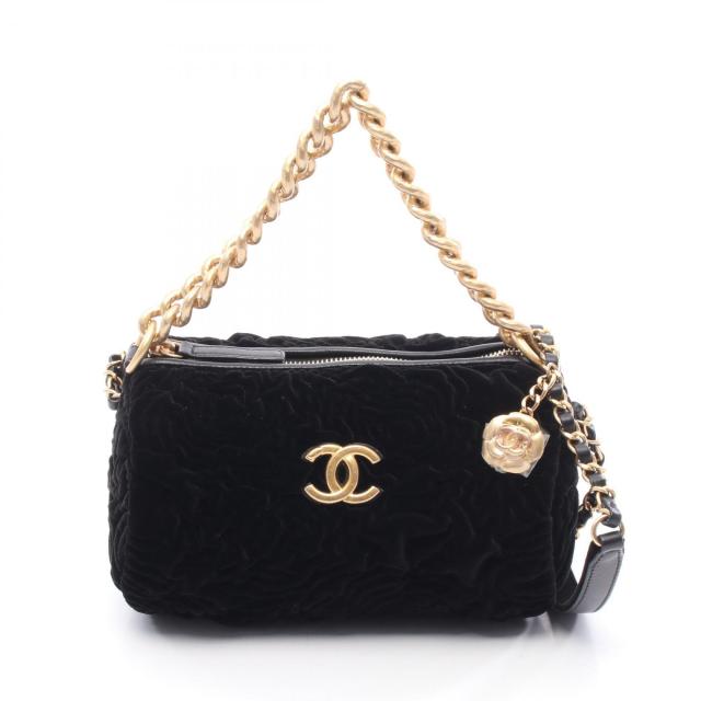シャネル CHANEL カメリア ショルダーバッグ バッグ レザー ベルベット レディース ブラック系 【中古】