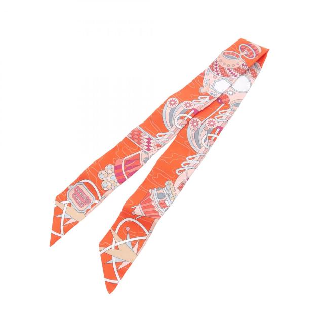 HERMES エルメス ツイリー シルクスカーフ レッド×オレンジ エルメス ツイリー オ ブロック スカーフ シルク フリンジ