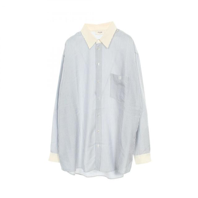 セリーヌ CELINE トリオンフ刺繍 クレリック ストライプ オーバーサイズ 衣料品 トップス シルク レディース ブルー系 / ホワイト系 2C775485S 【中古】