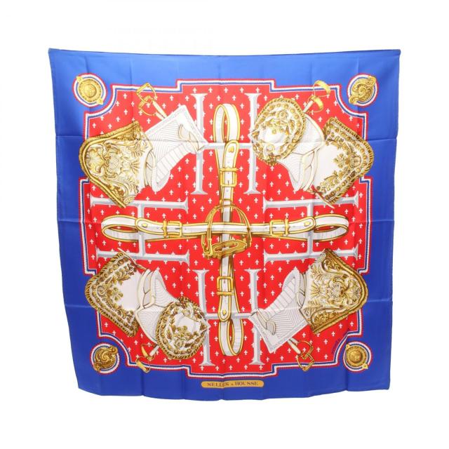 エルメス HERMES カレ90 SELLES A HOUSSE スカーフ 衣料品 シルク シルク レディース ブルー系 / レッド系 / マルチカラー 【中古】