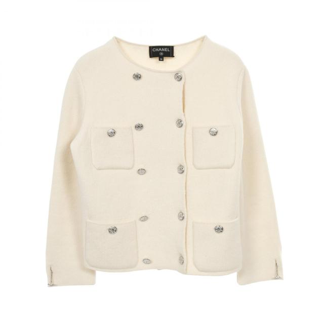 シャネル CHANEL ココマーク ラインストーンボタン ニットジャケット ノーカラージャケット 衣料品 アウター カシミヤ シルク レディース アイボリー系 P71364K10274 【中古】