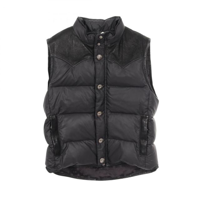 クロムハーツ CHROME HEARTS PUFFY WSTRN パフィウエスタン フレアニーレザーヨーク CHクロスボタン ダガージップ ダウンベスト 衣料品 アウター ポリエステル / コットン メンズ ブラック系 【中古】