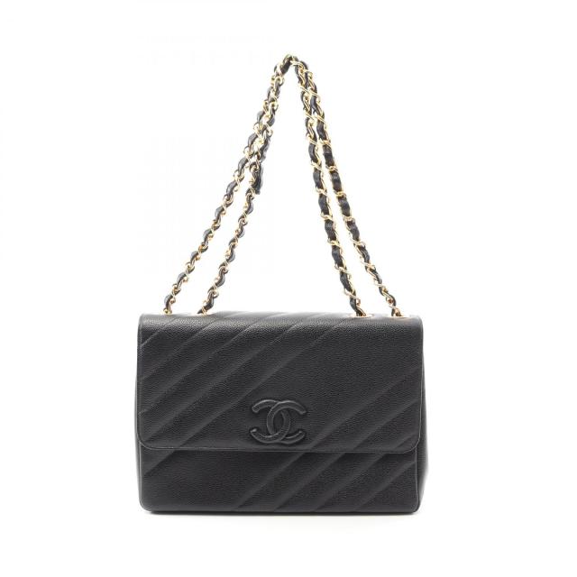 シャネル CHANEL ココマーク バイアスステッチ ショルダーバッグ バッグ カーフ（牛革） レディース ブラック系 【中古】