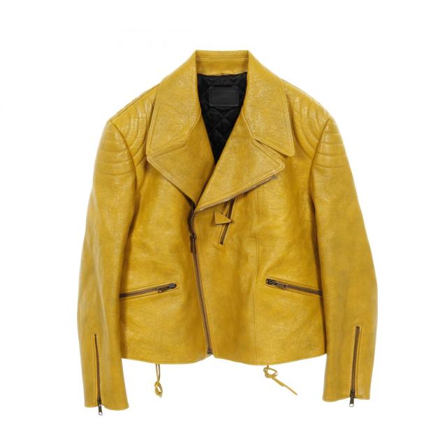 プラダ PRADA ダブルライダースジャケット 革ジャン 衣料品 アウター レザー メンズ イエロー系 【中古】