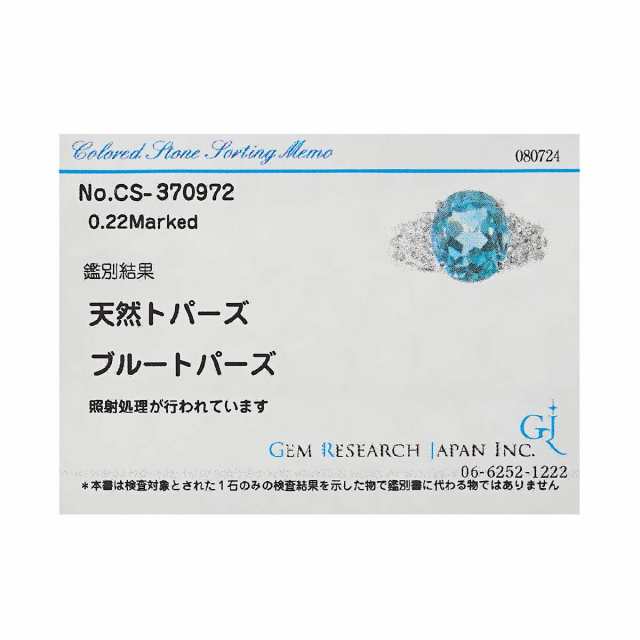 リング 14号 ブルートパーズ ダイヤ 0.22ct Pt プラチナ 指輪【ソーティング付き】レディース 90250410 【中古】NJ