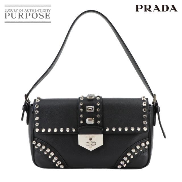 新品同様 プラダ バッグ ビジュー スタッズ ショルダー バッグ サフィアーノレザー ブラック レディース 90294282 【中古】ブランド