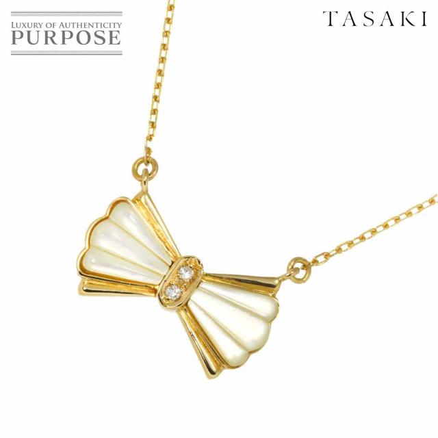タサキ TASAKI リボン シェル ダイヤ 0.02ct ネックレス 41cm K18 YG 